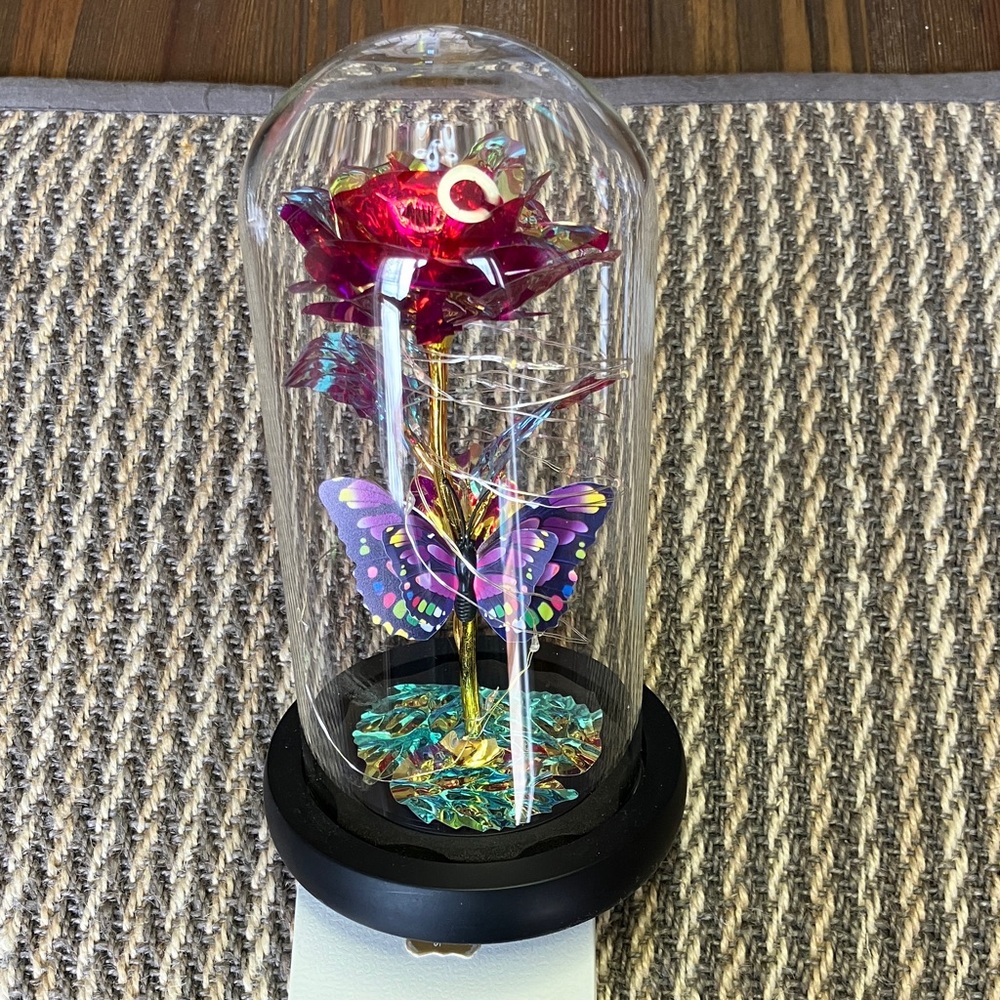 Iridescent Red Glass Rose Dome with Purple Butterfly - Home Art